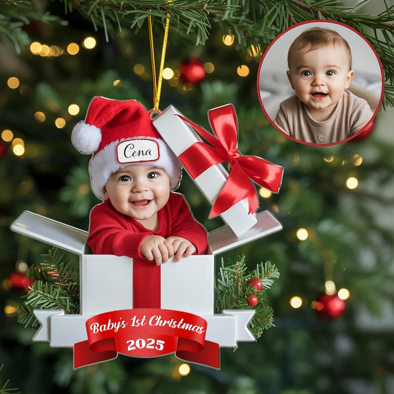 Personalized Baby’s First Christmas Ornament 2025,Custom Baby Photo Ornament,Newborn Keepsake Gift Box,Flat Acrylic Xmas Decor,Funny Newborn