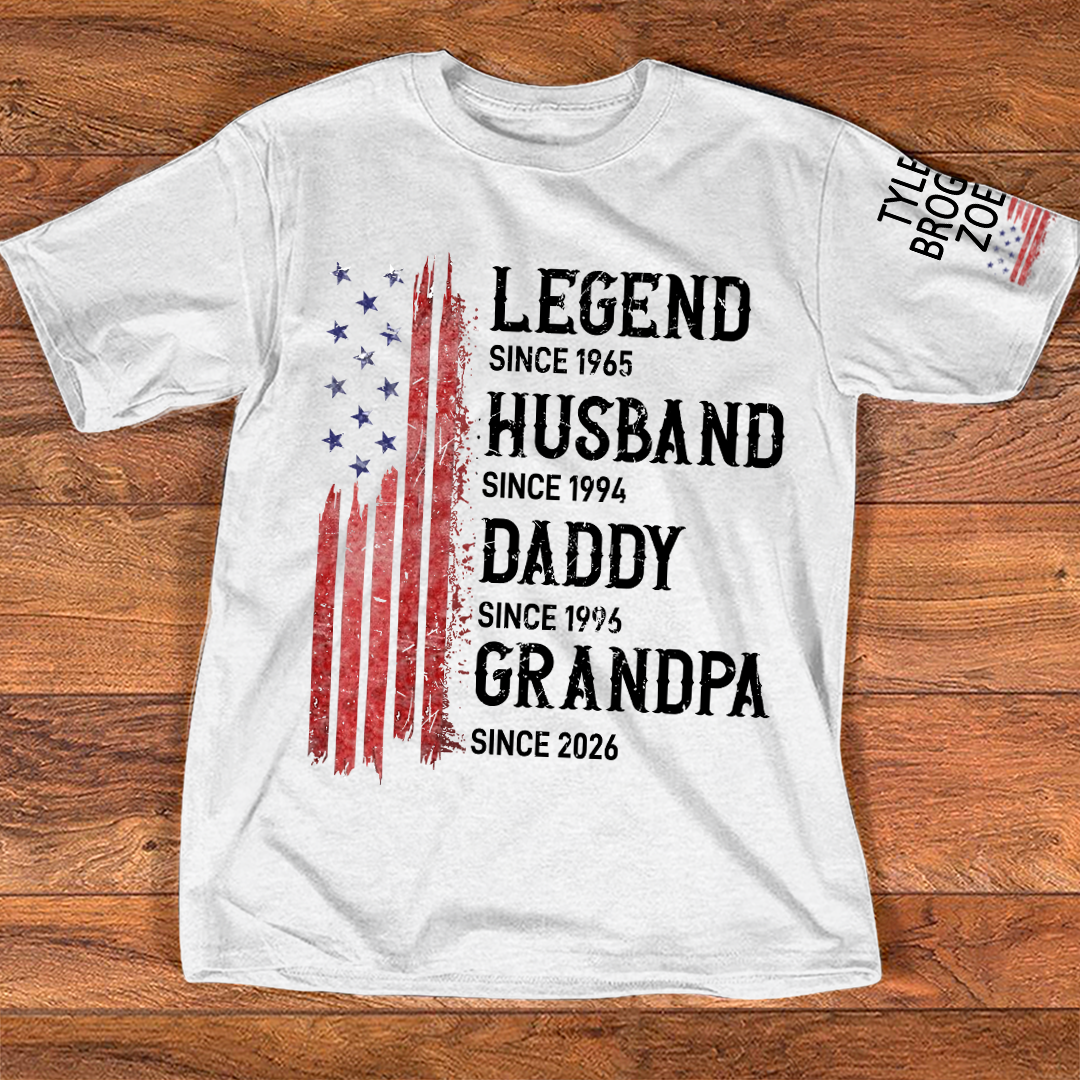 Personalized American Flag Printed T-Shirt For Husband, Father, Grandfather, With Custom Names Of Grandchildren