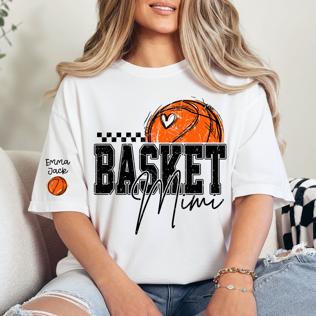 Custom Basketball Mimi Shirt, Personalized Family Tee with Grandchildren Names and Basketball Graphic