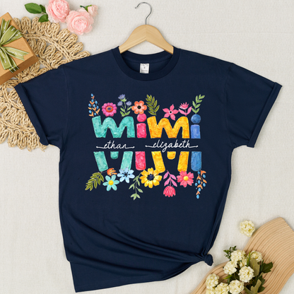 Personalized Mimi Shirt Custom Grandkids Names Floral Letter Graphic Tee Women Family Love Colorful Spring Casual Outfit Top