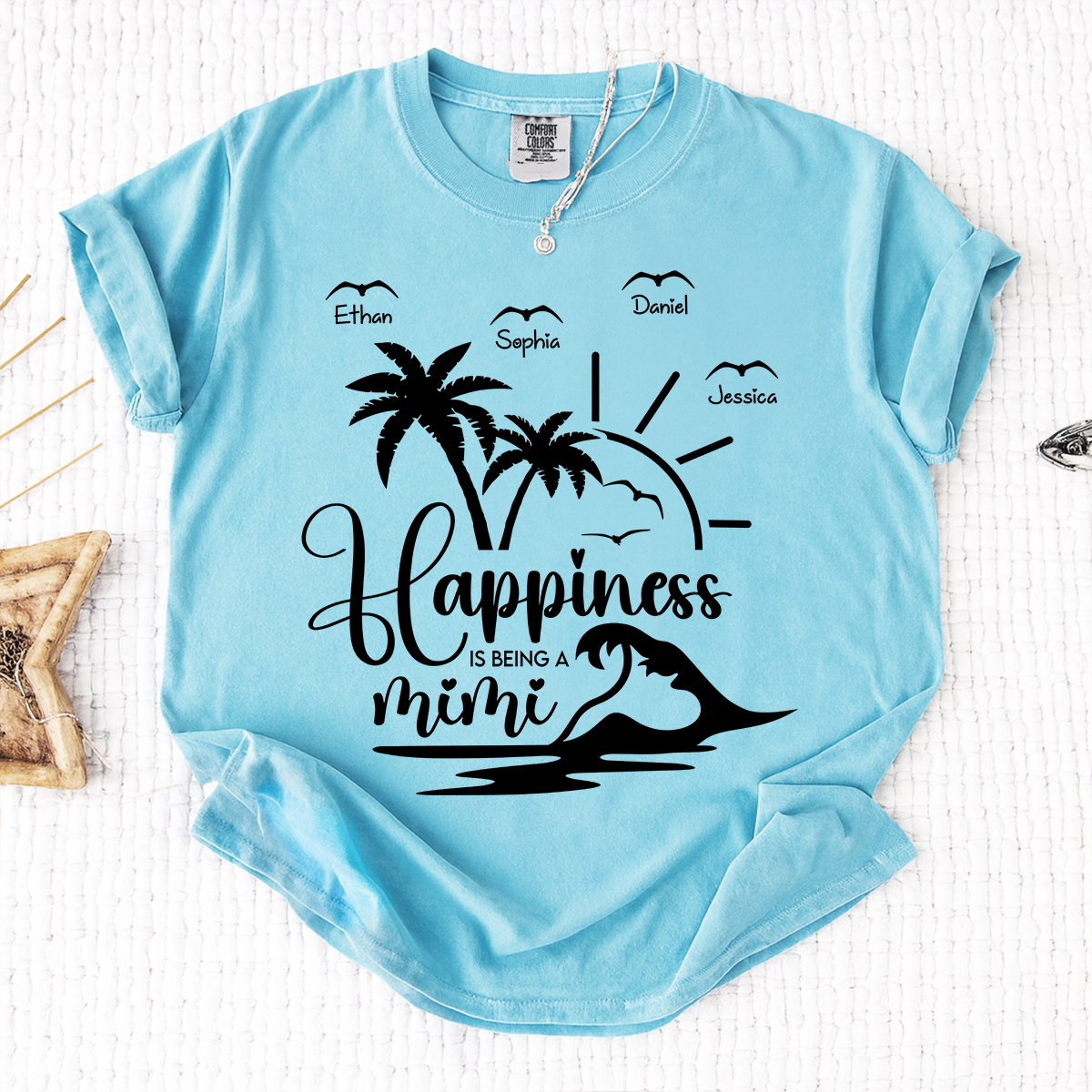 Comfort Colors Personalized Mimi Beach Shirt with Grandkids Names, Happiness Is Being a Mimi Tee, Custom Summer Grandma Gift