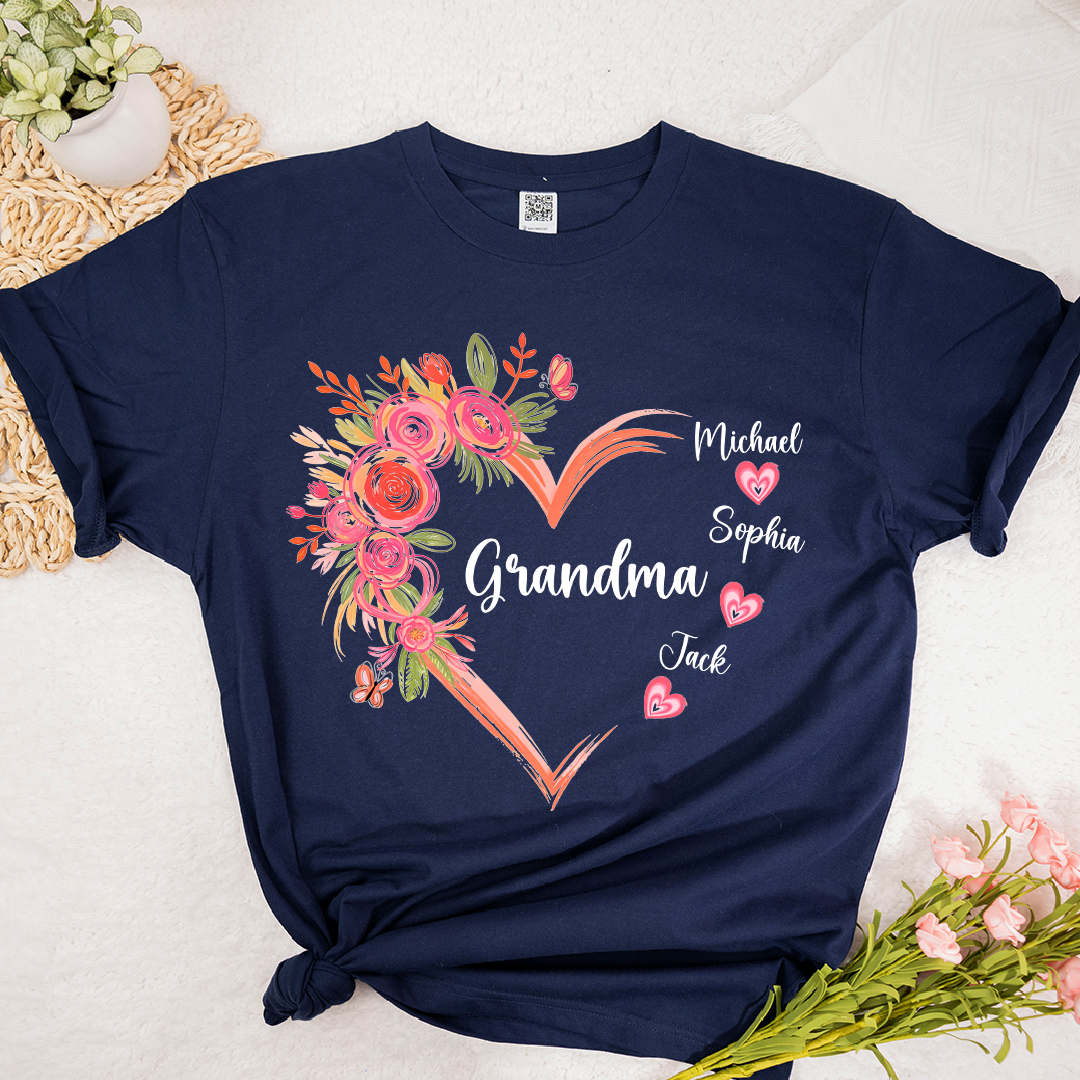 Personalized Grandma Floral Heart Shirt with Grandkids Names, Family Love T Shirt Gift