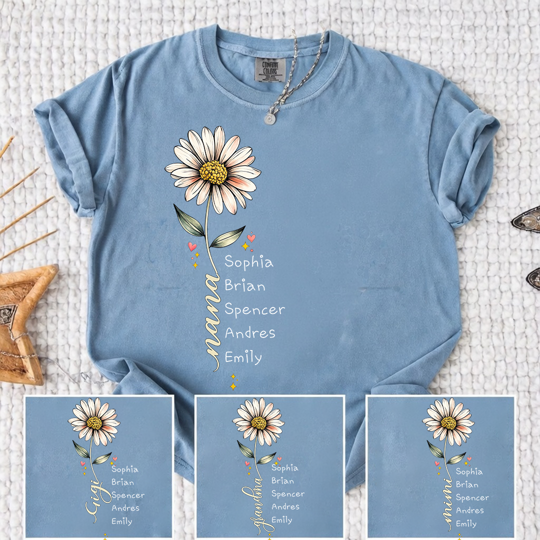 Comfort Colors Personalized Grandma Shirt Daisy Flower Design Custom Nana Mimi Gigi Name Tee with Grandkids Names Vertical Style Family Outfit for Women