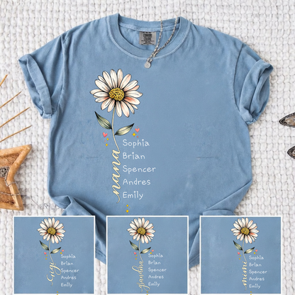 Comfort Colors Personalized Grandma Shirt Daisy Flower Design Custom Nana Mimi Gigi Name Tee with Grandkids Names Vertical Style Family Outfit for Women