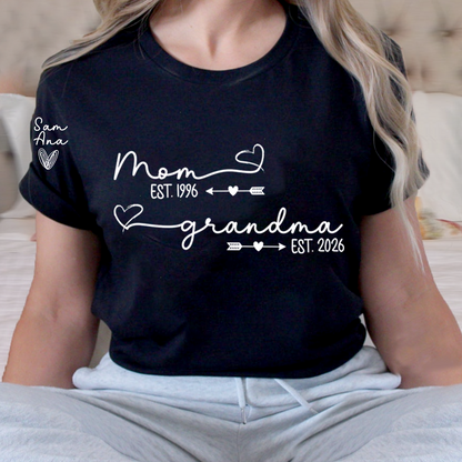 Personalized Mom and Grandma Shirt, Custom EST Year T-Shirt with Heart and Arrow Design for Mom and Grandma