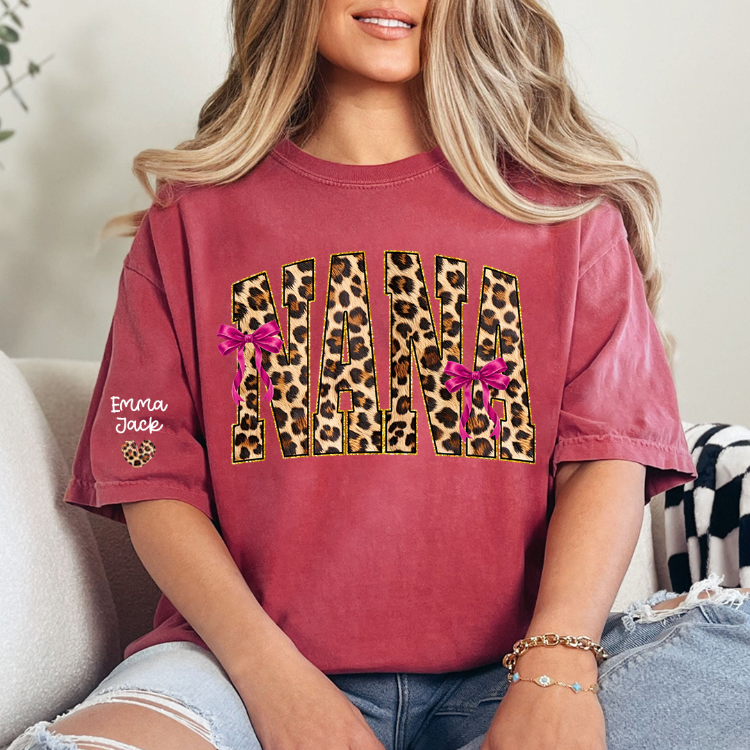Custom Nana Shirt, Leopard Print And Bow Gift for Mimi Grandma And Kids