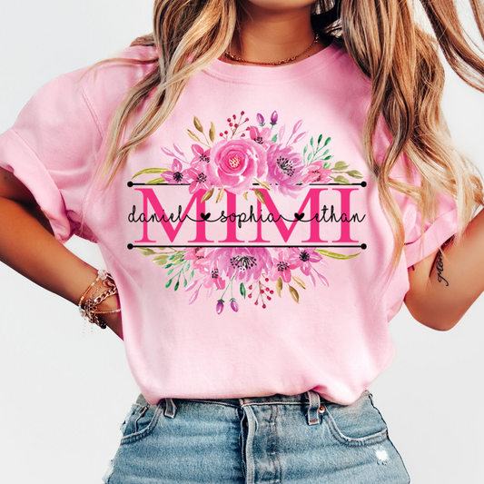 Custom Mimi T Shirt, Grandkids Names with Floral Rose Design Family Gift