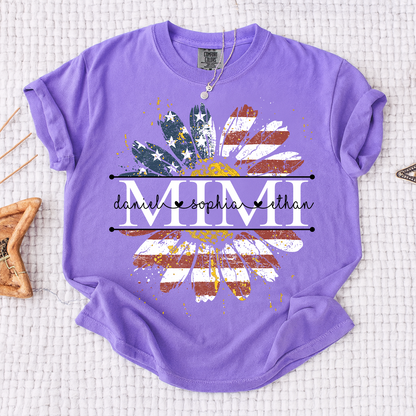 Comfort Mimi Daisy Shirt With American Flag Print, Custom Name, Floral Design, Personalized Family t-shirt