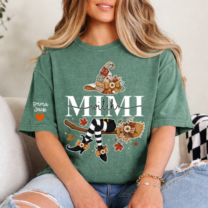 Funny Mimi Witch Shirt, Fall Halloween Grandma Graphic Tee, Personalized Family Names T Shirt, Cozy Autumn Gift for Mimi