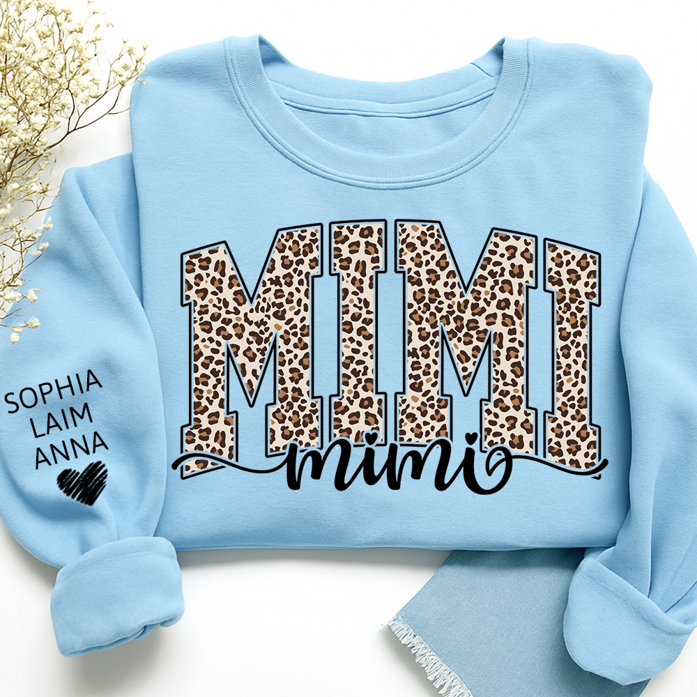 Personalized Mimi Leopard Print Sweatshirt, Custom Grandkids’ Names on Sleeve, Heart Detail