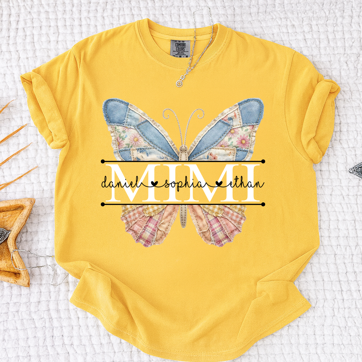 Comfort Mimi Patchwork Butterfly Shirt, Custom Grandkids Names with Floral Family Design Tee