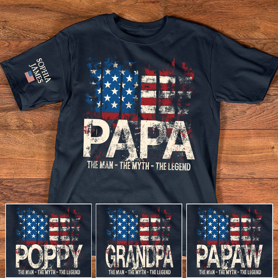 Custom Papa T-Shirt with USA Flag Graphic – Personalized Gift for Father Featuring Kids’ Names