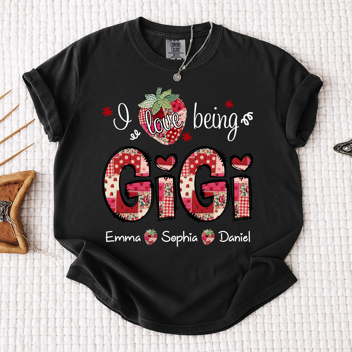 Comfort Colors Personalized I Love Being Gigi Shirt, Custom Grandma Strawberry Patchwork Tee with Names, Gift for Grandma