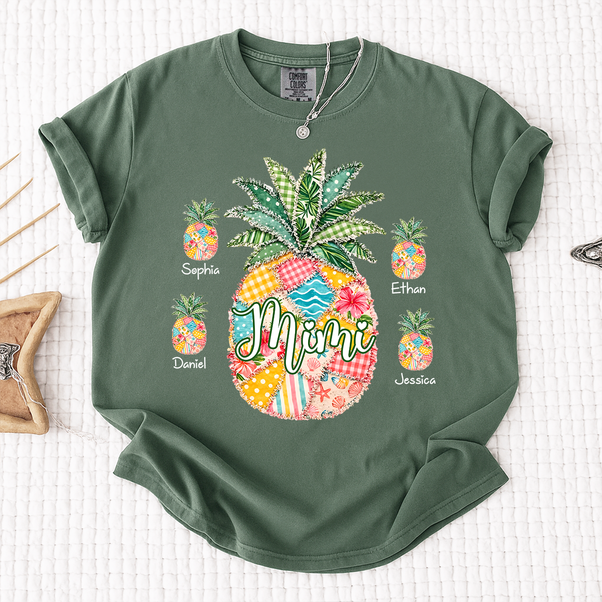 Comfort Colors Personalized Mimi Pineapple Shirt with Grandkids Names, Custom Grandma Tropical T Shirt for Women, Summer Beach Family Gift