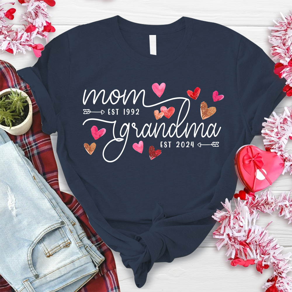 Custom Mom Grandma Est Heart Valentine With Kids T-Shirt
