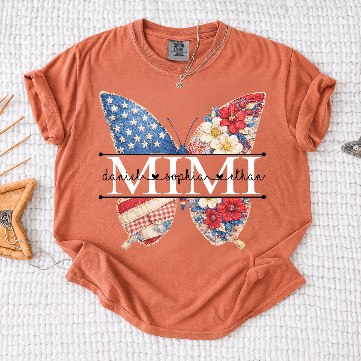 Comfort Personalized Mimi Shirt with Grandkids Names, American Flag and Flower Butterfly Design