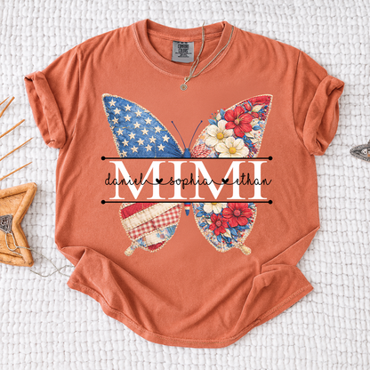 Comfort Personalized Mimi Shirt with Grandkids Names, American Flag and Flower Butterfly Design