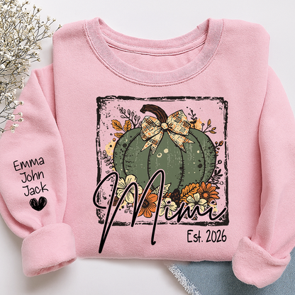 Mimi Pumpkin Shirt for Women, Floral Fall Bow Design Tee, Personalized Grandma T Shirt, Cozy Autumn Gift Idea