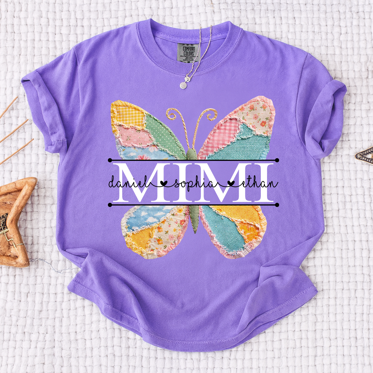 Comfort Personalized Mimi Shirt with Grandkids Names, Butterfly Patchwork Design Family Tee