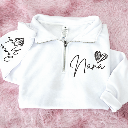 Personalized  Nana Heart Sweatshirt, For Gift Grandma And Kids Embroidered Quarter Zip Sweater