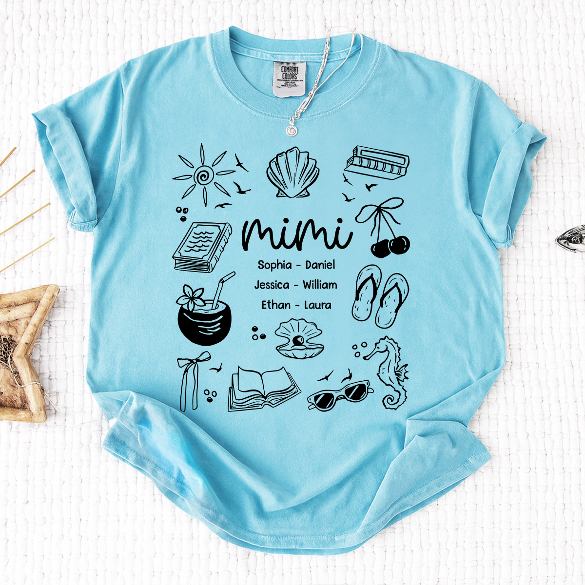 Comfort Colors Personalized Mimi Shirt with Grandkids Names, Custom Coastal Summer Tee, Beach Inspired Family Gift for Grandma and Mimi