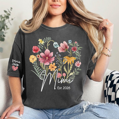Mimi Est T-Shirt Personalized with Grandkids Names, Wildflower Floral Family Tee