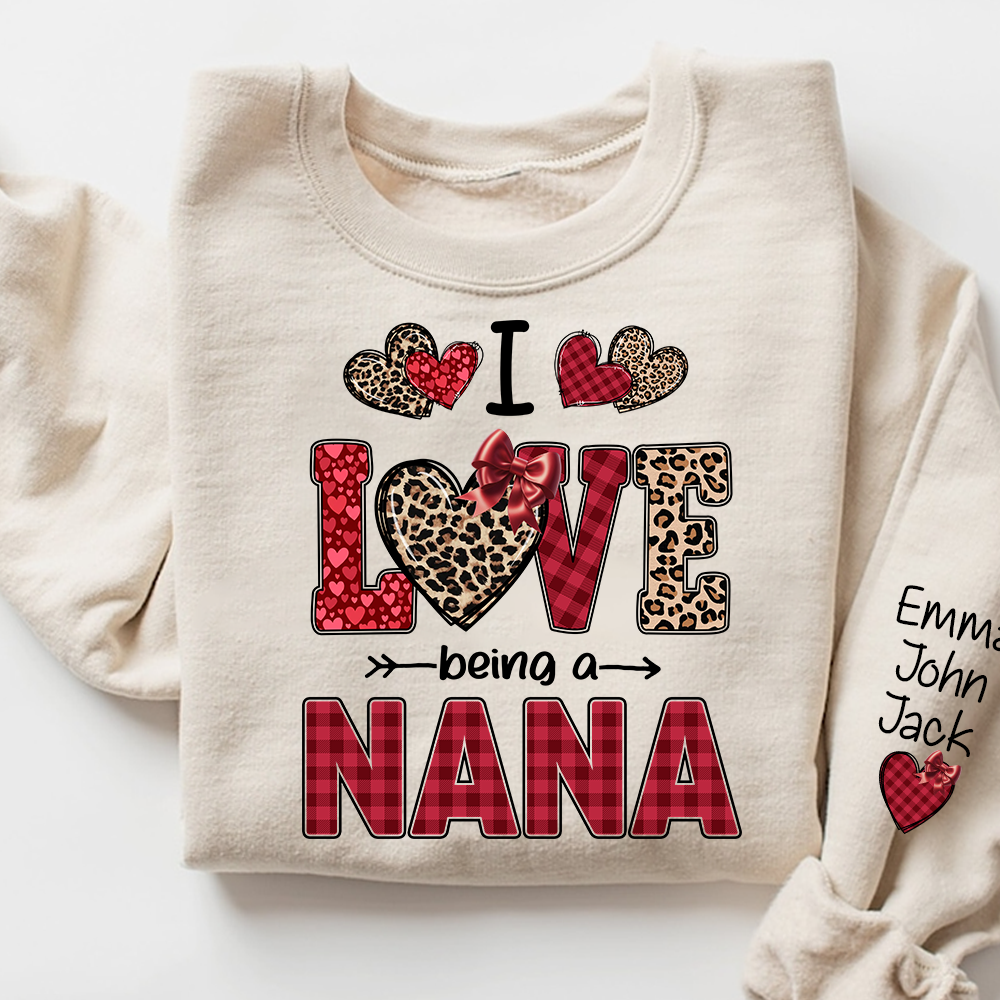 I Love Being a Nana Sweatshirt, Leopard and Plaid Heart Valentine Family Crewneck