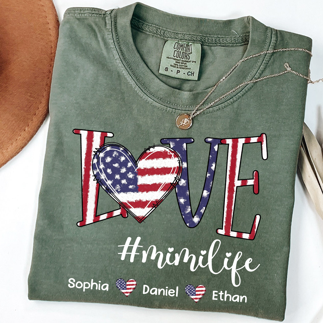 Comfort Colors Custom Mimi T Shirt with Grandkids Names USA Flag Love Graphic Mimi Life Shirt Personalized Grandma Apparel Family Gift