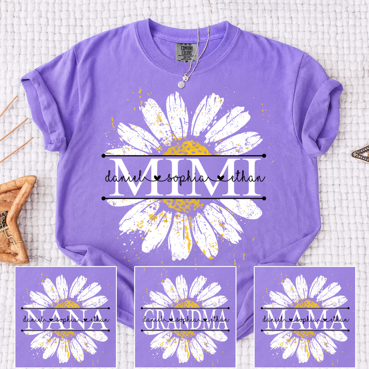 Comfort Personalized Mimi Shirt with Grandkids Names, Daisy Flower Graphic Family T Shirt