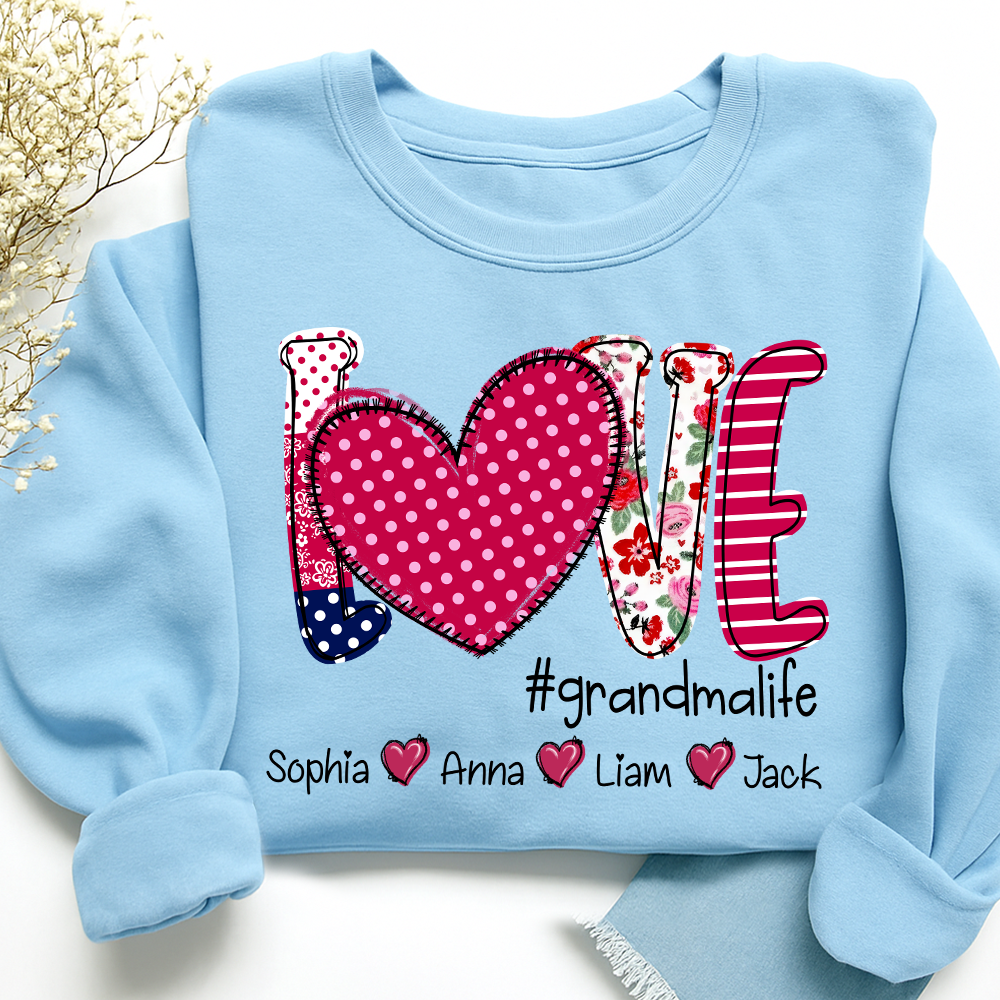 Love Grandma Shirt, Heart Patchwork Sweatshirt with Kids’ Names