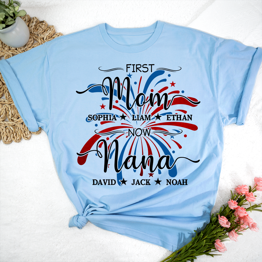 Custom Printed T-shirts Featuring American Fireworks For First Mom, Now Grandma, Patriotic T-shirts With Personalized Family Names For Grandma And Her Grandchildren