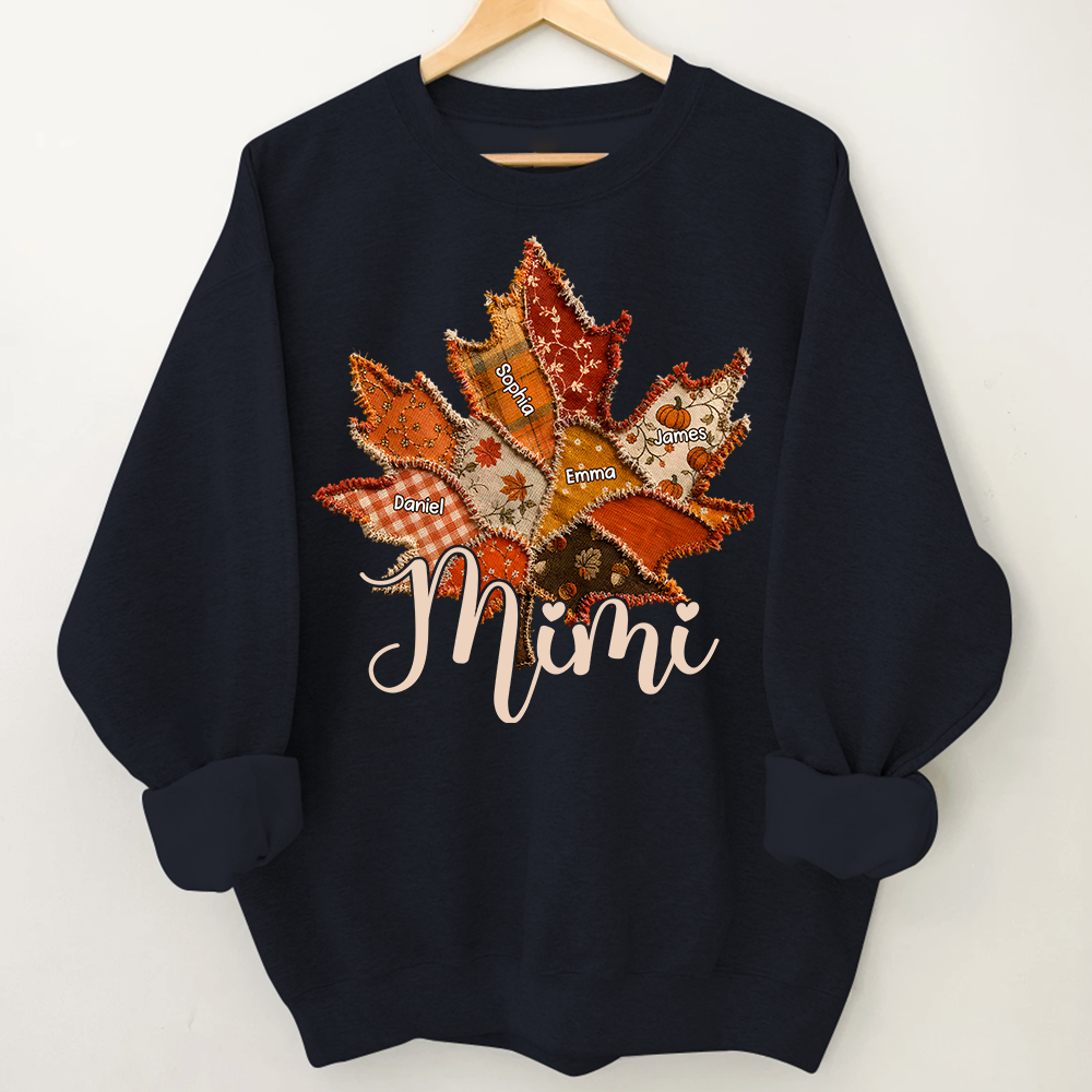 Personalized Mimi Fall Sweatshirt, Custom Grandkids Names Leaf Patchwork Sweatshirt, Autumn Grandma Gift, Cozy Thanksgiving Outfit