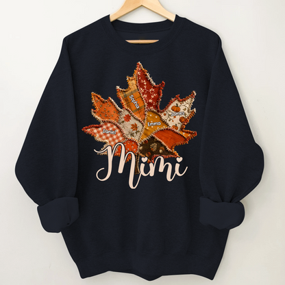 Personalized Mimi Fall Sweatshirt, Custom Grandkids Names Leaf Patchwork Sweatshirt, Autumn Grandma Gift, Cozy Thanksgiving Outfit