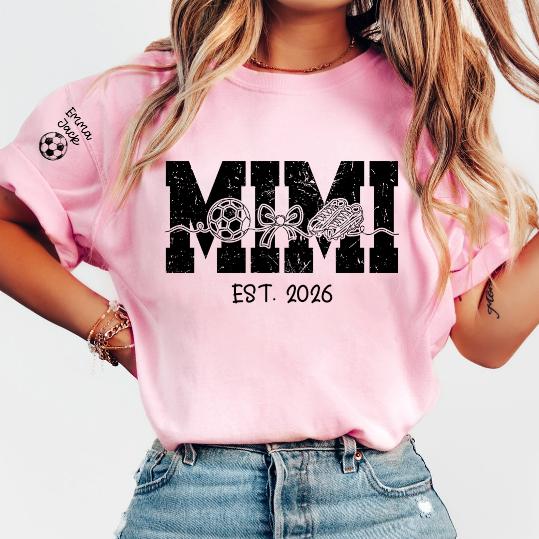 Mimi Est 2026 Soccer Grandma Shirt Personalized Grandkids Names Family T Shirt