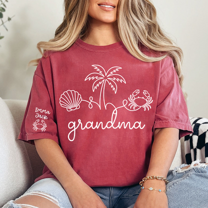 Personalized Grandma Beach Shirt, Custom Grandkids Names Sleeve Tee, Coastal Grandma T Shirt, Ocean Lover Gift for Grandma