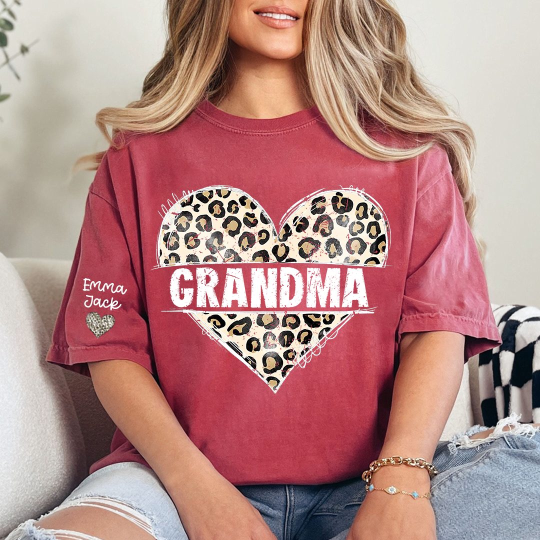 Leopard Heart Grandma Shirt, Personalized Grandkids Names Family T Shirt