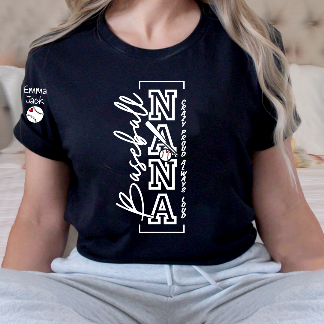 Baseball Nana T-Shirt, Custom Family Name Shirt with Modern Vertical Graphic
