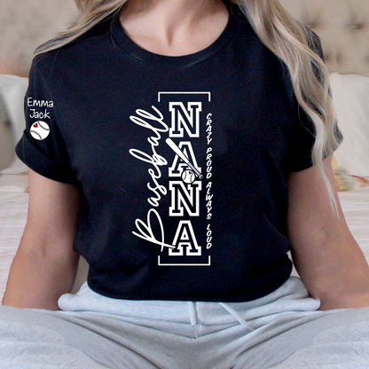 Baseball Nana T-Shirt, Custom Family Name Shirt with Modern Vertical Graphic