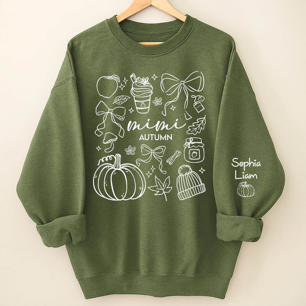 Custom Mimi Autumn Sweatshirt with Grandchildren Names, Personalized Fall Pumpkin Cozy Season Shirt, Grandma Gift