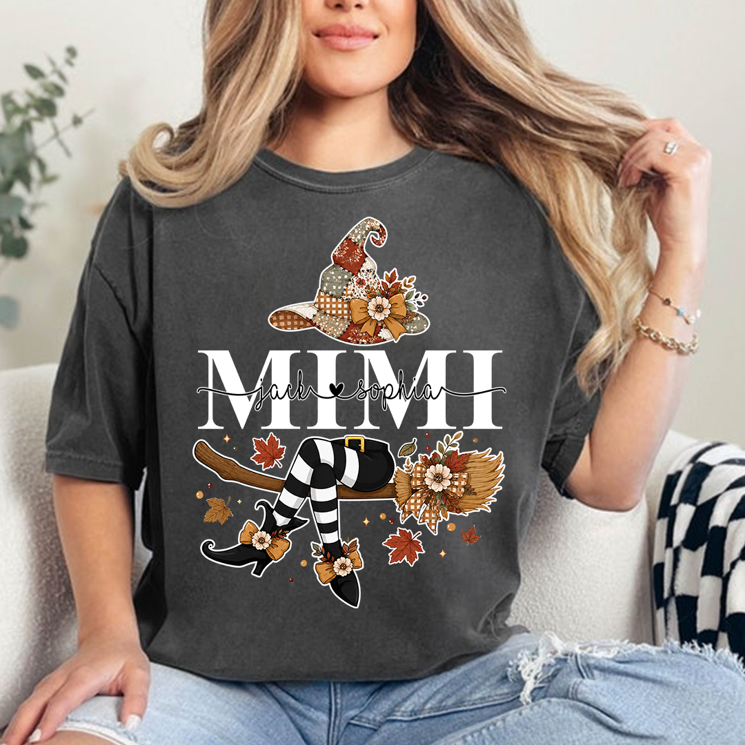 Personalized Mimi Witch Halloween Shirt, Fall Pumpkin Grandma Tee, Custom Grandkids Names T Shirt, Cute Autumn Gift for Mimi