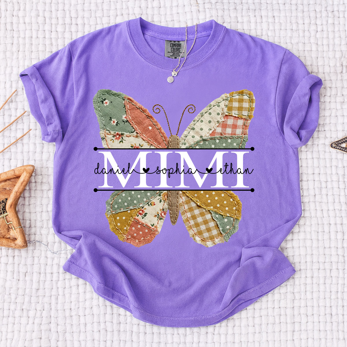 Comfort Mimi Butterfly Shirt, Custom Grandkids Names with Colorful Patchwork Butterfly Design