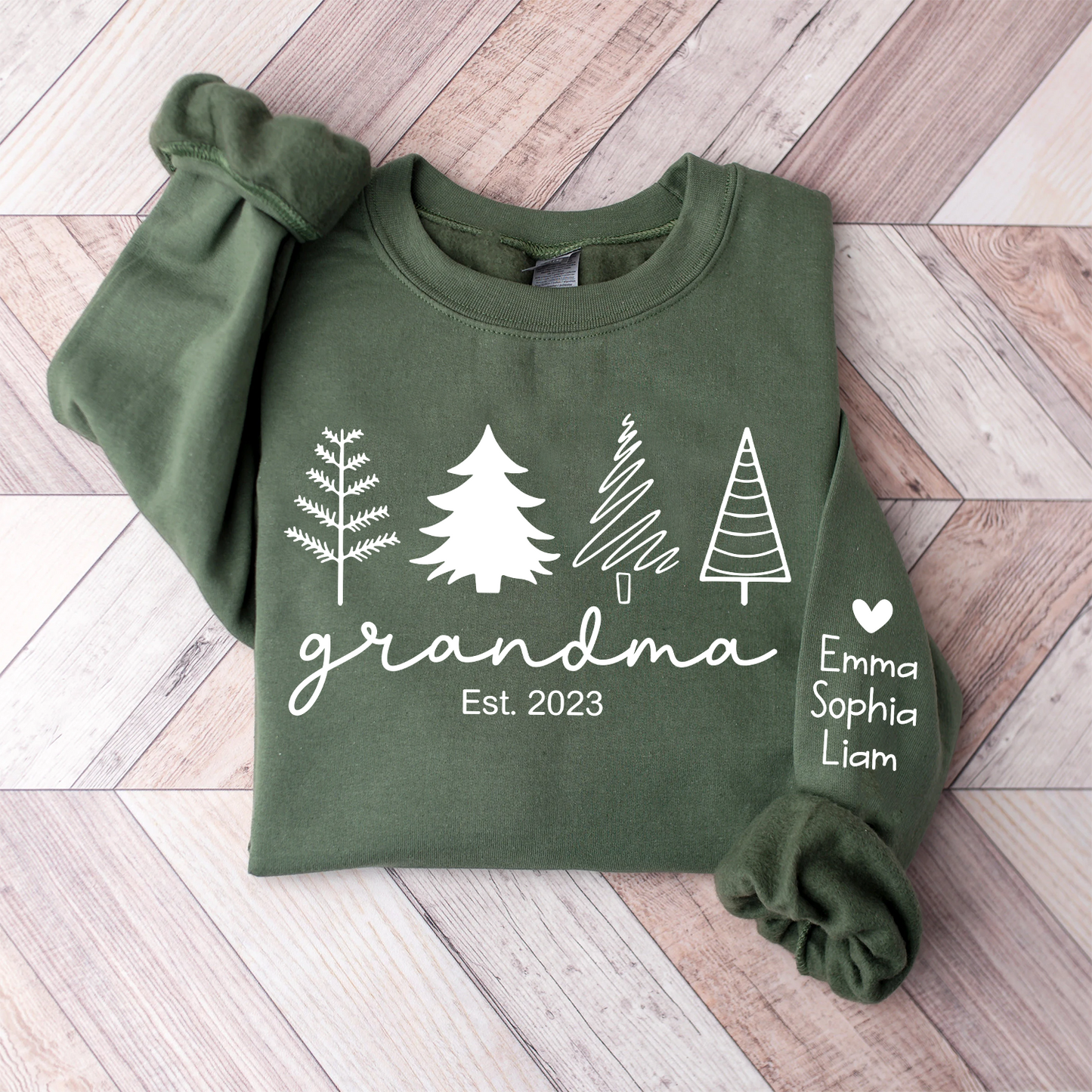 Christmas Tree Sweatshirt, Custom Grandma Est & Kids, Grandma Gift TH Sweatshirt