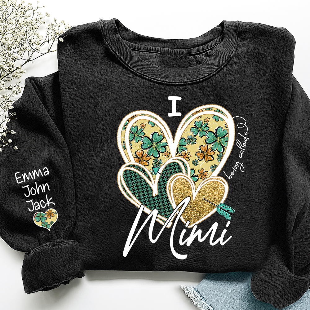 I Love to Be Called Mimi Heart Design Sweatshirt For St. Patrick's Day, Personalized Clover Design Sweatshirt for Grandma with Grandchildren's Names