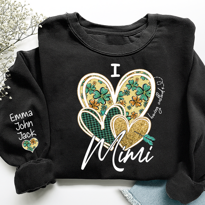 I Love to Be Called Mimi Heart Design Sweatshirt For St. Patrick's Day, Personalized Clover Design Sweatshirt for Grandma with Grandchildren's Names
