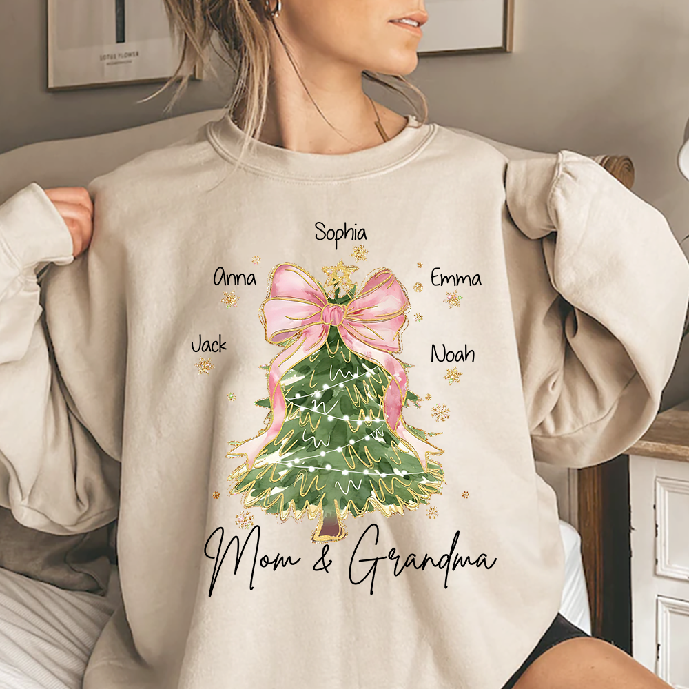 Personalized Mom and Grandma Christmas Sweatshirt, Custom Tree Design with Kids Names