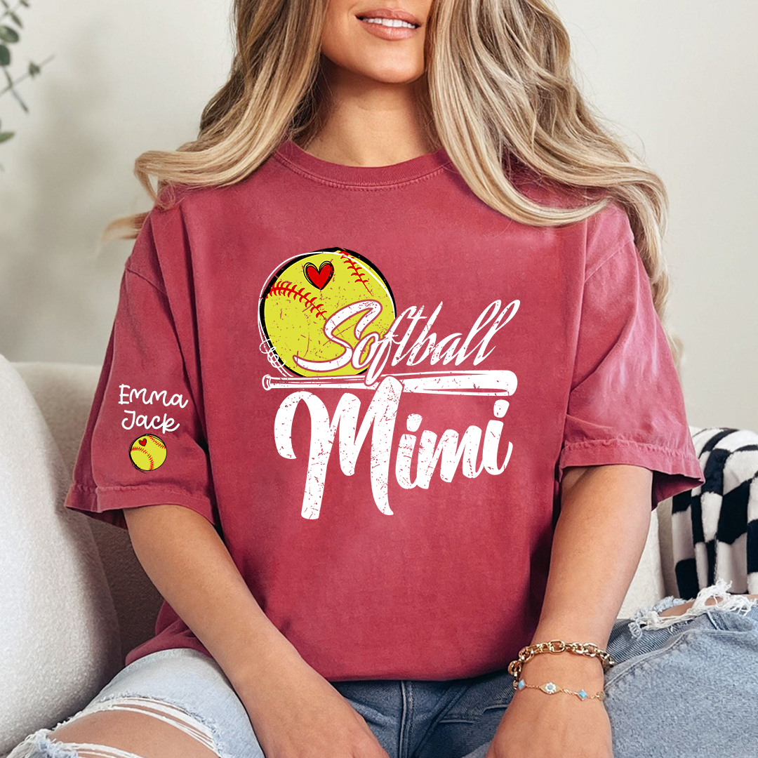 Personalized Mimi Softball Shirt, Heart and Bat Design with Custom Grandkids Names