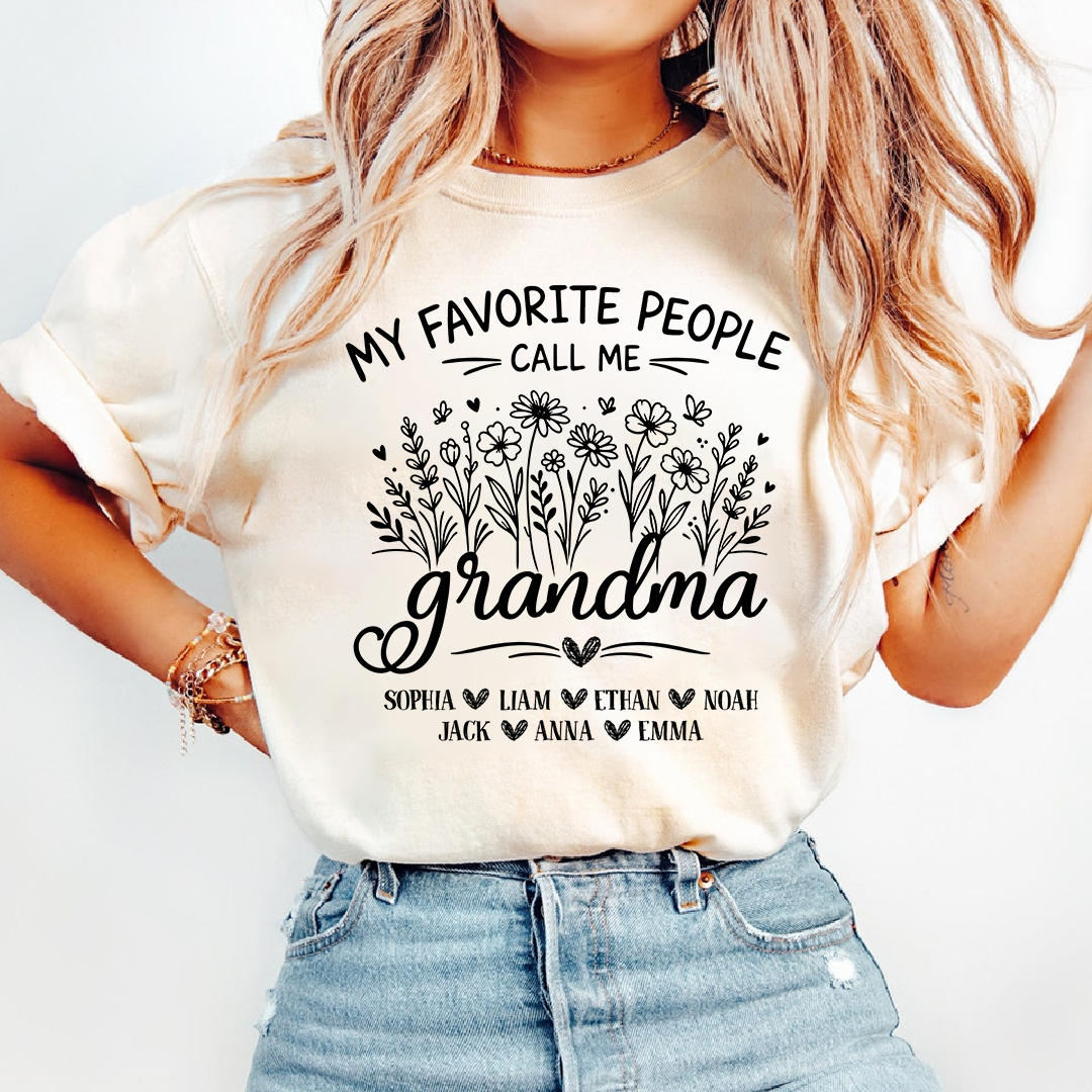 Personalized Grandma T-Shirt, My Favorite People Call Me Grandma Floral Design with Names