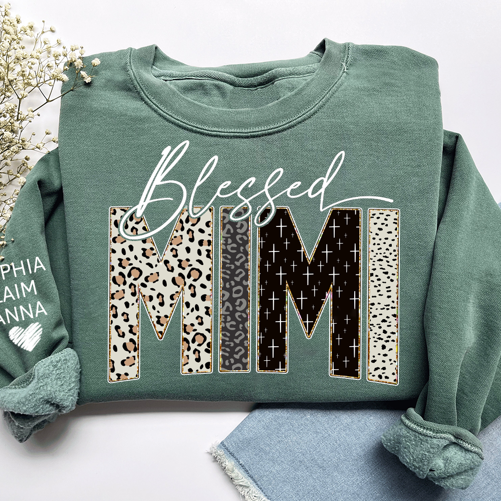 Personalized Blessed Mimi Leopard Sweatshirt – Custom Bible Style Design, Unique Gift for Grandma and Her Grandkids