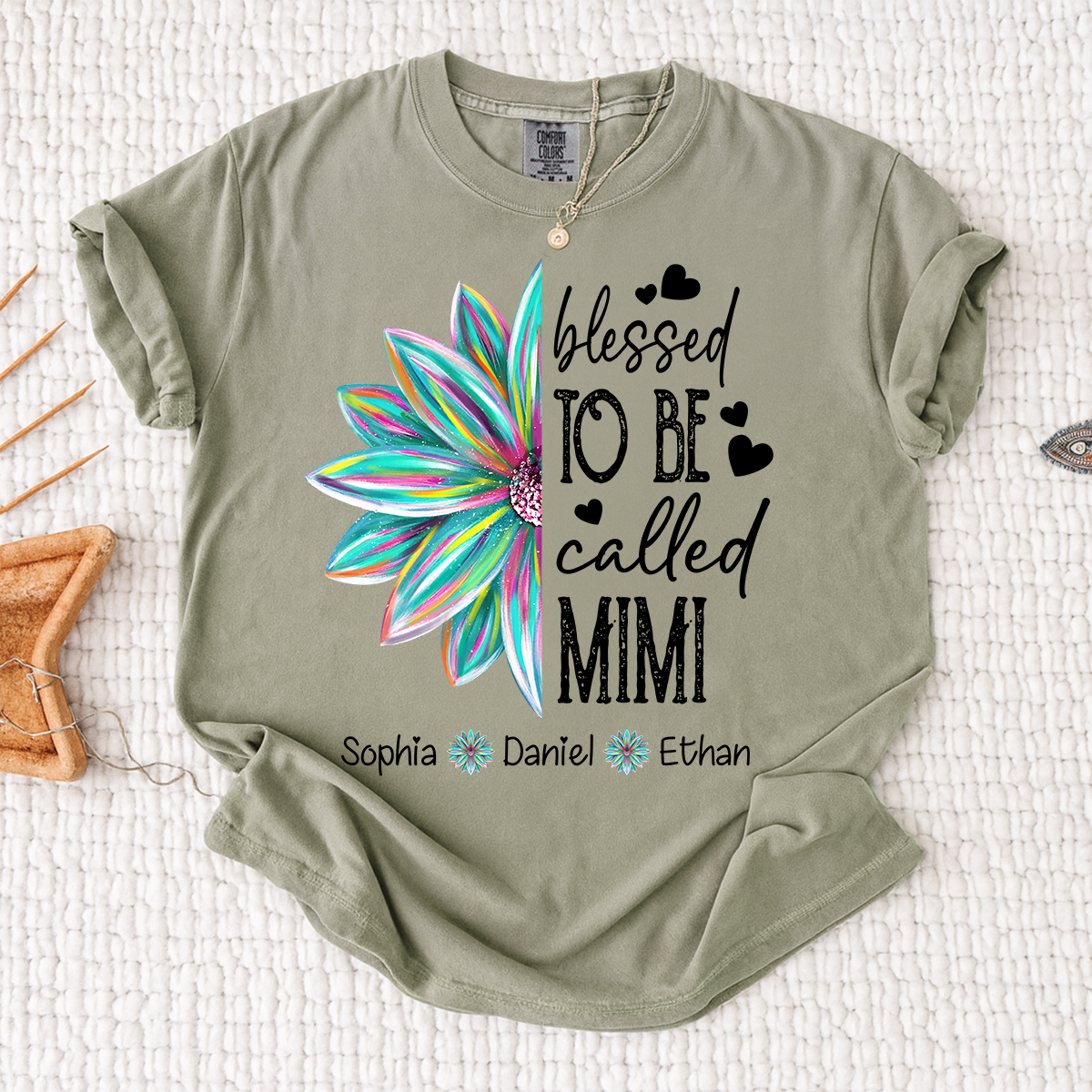Comfort Colors Blessed To Be Called Mimi Colorful Flower T Shirt, Personalized Grandma Shirt with Kids' Names