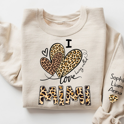 I Love Mimi Sweatshirt with Leopard Heart Design, Personalized Family Crewneck for Valentine